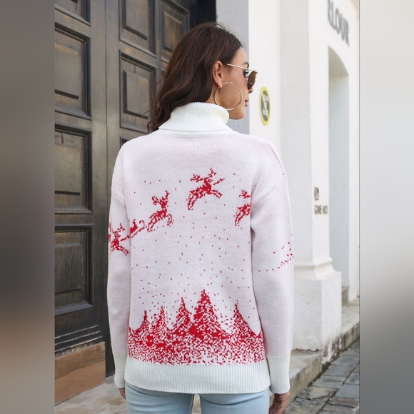 Knit Turtleneck Santa Reindeer Classy Winter Christmas Scene Chic Sweater Top - Picture 5 of 9
